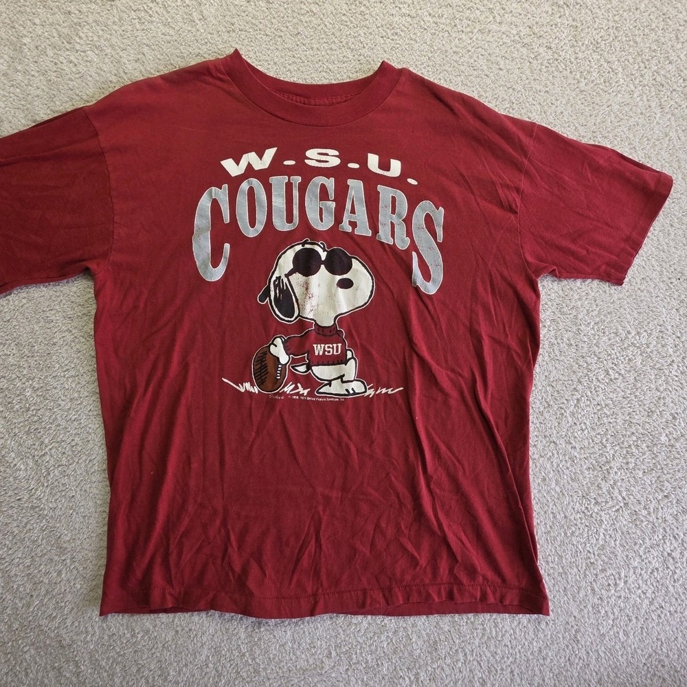 Vintage WSU Cougars 70's Snoopy Peanut Artex  Red L Short Sleeve Single Stitch